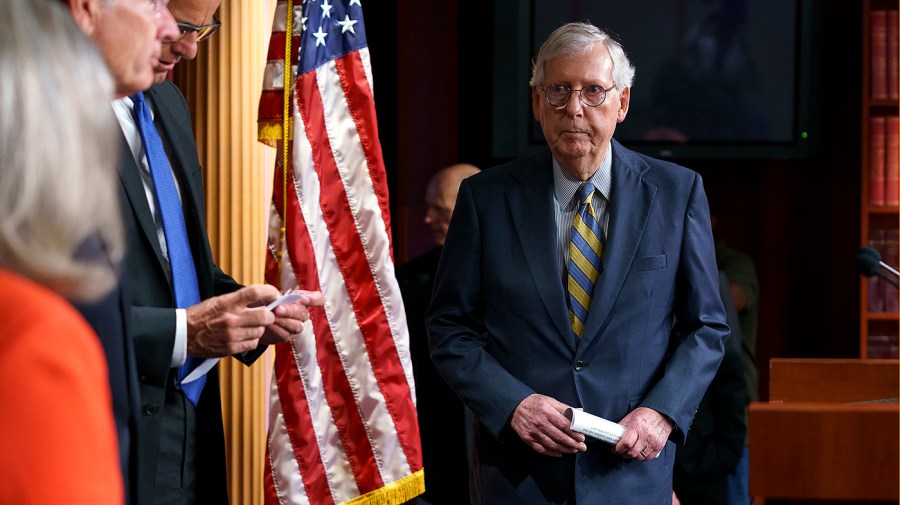 Minority Leader Leader Mitch McConnell (R-Ky.) arrives for a press conference after the weekly policy luncheon on Tuesday, July 19, 2022.