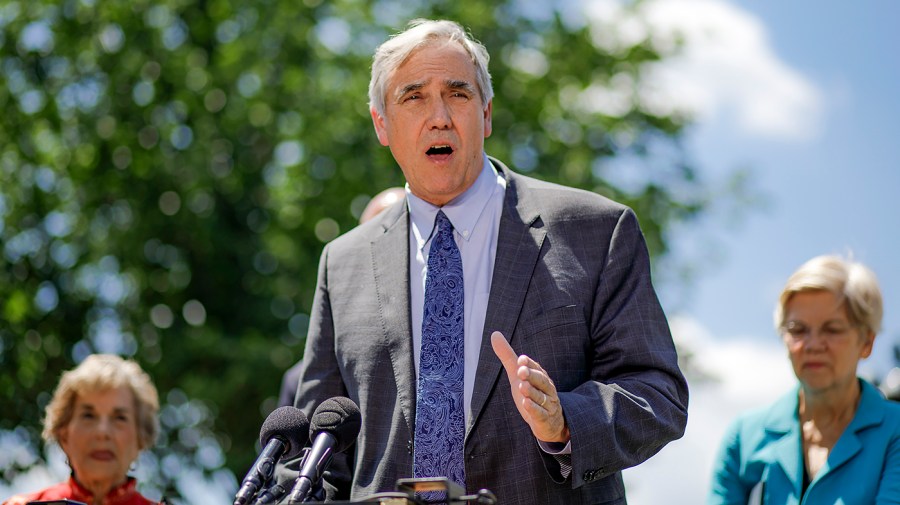 Sen. Jeff Merkley (D-Ore.) addresses reporters during a press conference on Thursday, July 14, 2022 to discuss corporate greed.