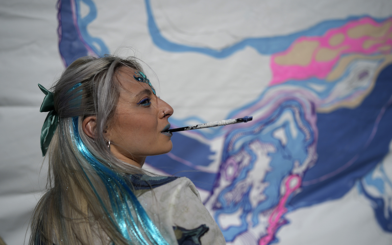 A girl paints a whale on a banner during a protest