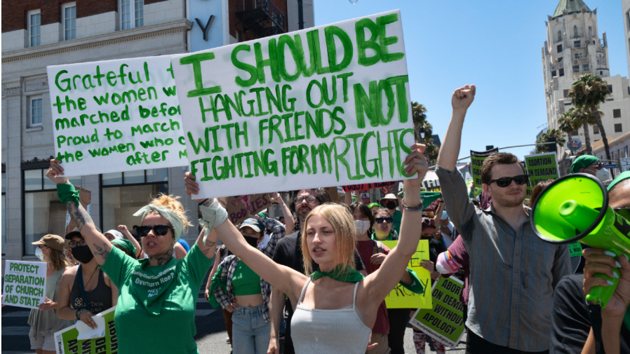 Abortion-rights activists rally on Hollywood Boulevard in Los Angeles, Saturday, July 9, 2022.