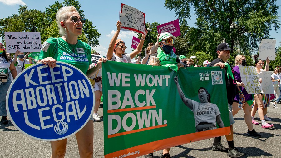 Protestors demonstrate at a pro-abortion rights protest organized by Planned Parenthood Action in Washington, D.C., on Thursday, June 30, 2022.