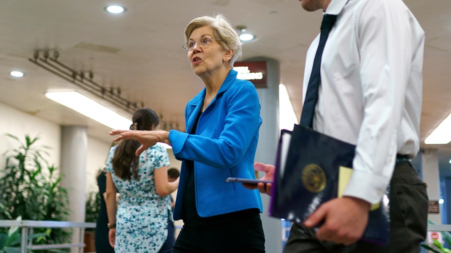 Sen. Elizabeth Warren (D-Mass.) arrives to the Capitol for procedural votes regarding the nomination of Federal Reserve Board Member nominee Michael Barr on Wednesday, July 13, 2022.