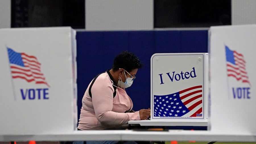 A woman fillls out a ballot behind a screen.