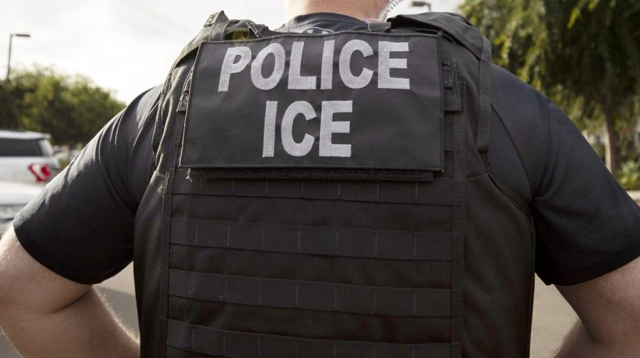 An officer wears gear with a large "Police ICE" emblem on the back.