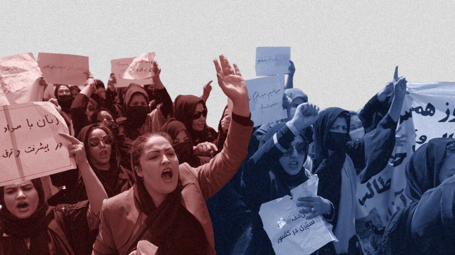 Red, blue and gray photo illustration using photo of Afghan women hold placards as they march and shout slogans "Bread, work, freedom" during a womens' rights protest in Kabul on August 13, 2022.