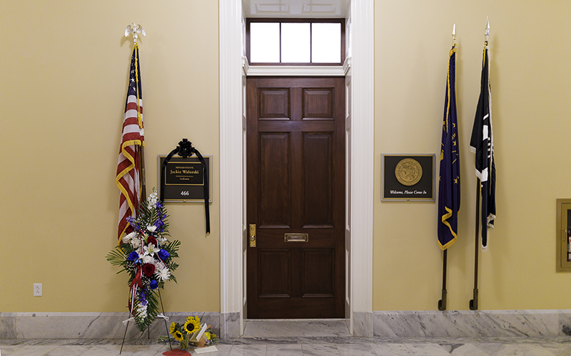 Flowers sit outside the office of Rep. Jackie Walorski (R-Ind.)