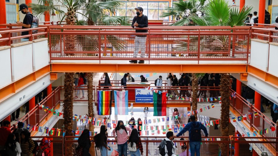 tudents make their way to their next class on the first day of school at John O'Connell Technical High School in San Francisco, Calif. Wednesday, Aug. 17, 2022.