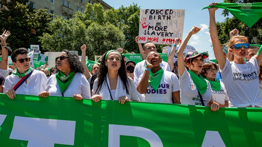 Protestors demonstrate at a pro-abortion rights protest organized by Planned Parenthood Action in Washington, D.C., on Thursday, June 30, 2022.