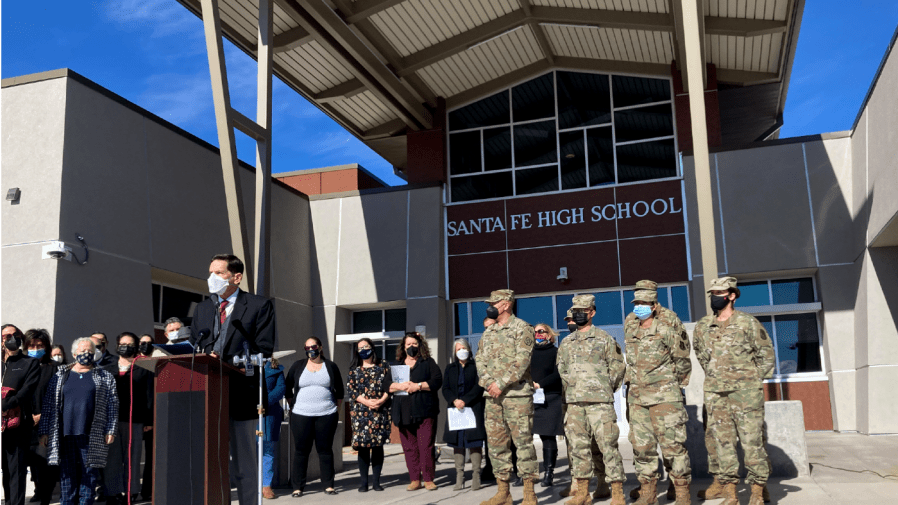 New Mexico Public Education Secretary Kurt Steinhaus announced an initiative to shore up public school substitute teaching on a voluntary basis with National Guard troops and state bureaucrats, at Sante Fe High School in Santa Fe, N.M., on Tuesday, Jan. 19, 2022.