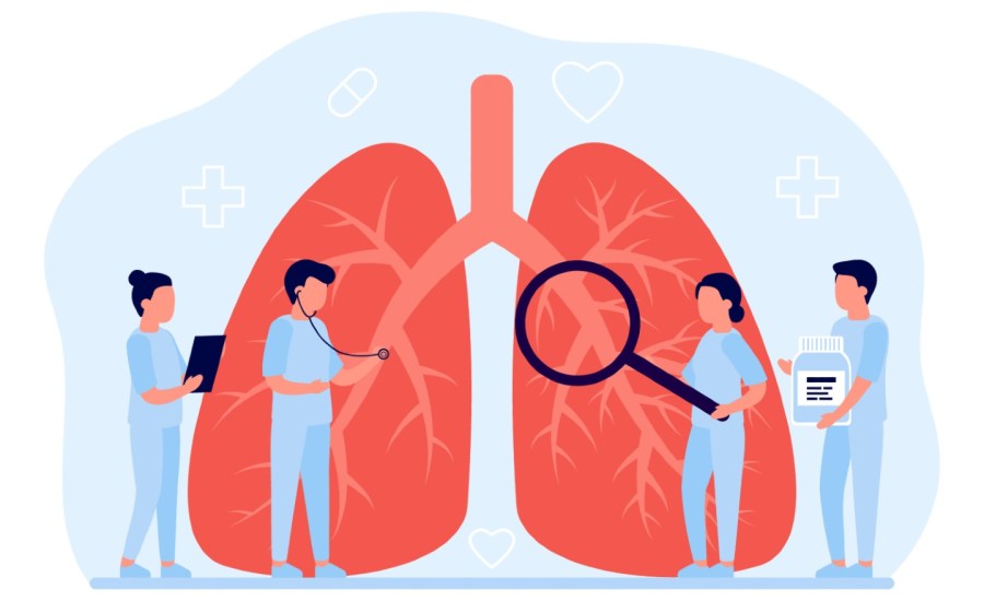 illustration of doctors with backdrop of overblown lungs