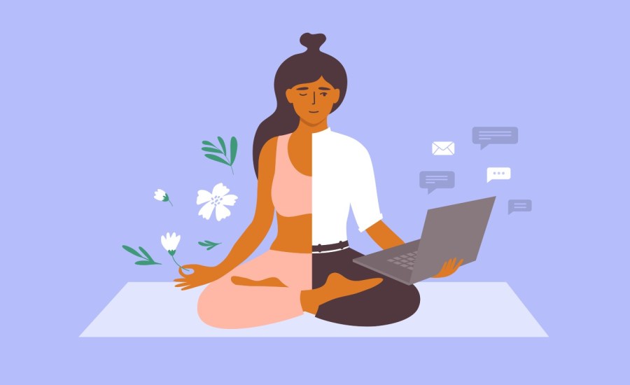 illustration of woman sitting, half yoga other half balancing laptop and work