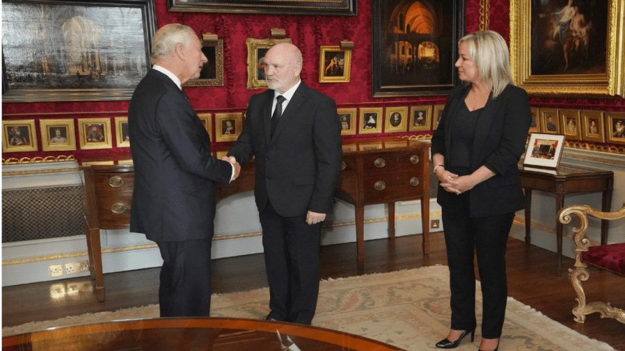 Britain's King Charles III meets Northern Ireland Assembly Speaker Alex Maskey, center, and Sinn Fein Vice President Michelle O'Neill at Hillsborough Castle, Belfast, Tuesday Sept. 13, 2022.