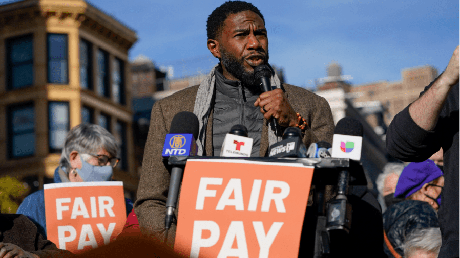 New York City Public Advocate Jumaane Williams speaks during a rally in support of living wages for home care workers in New York, Tuesday, Dec. 14, 2021.