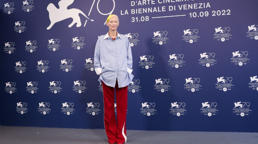 Tilda Swinton poses for photographers at the photo call for the film 'The Eternal Daughter' during the 79th edition of the Venice Film Festival in Venice, Italy, Tuesday, Sept. 6, 2022.