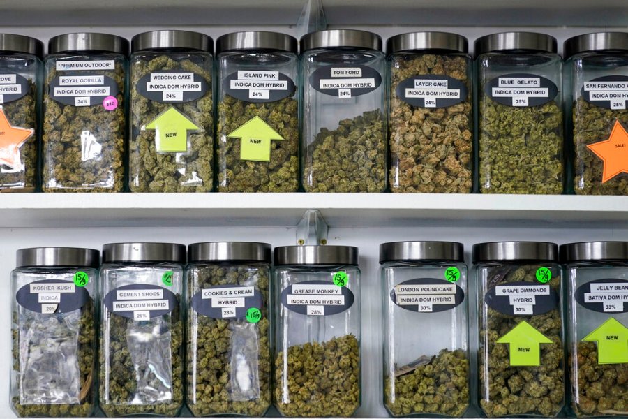 Marijuana products are displayed at the Good Leaf Dispensary, on the reservation Mohawks call Akwesasne, Monday, March 14, 2022, in St. Regis, N.Y. New York began accepting applications, Thursday, Aug. 25, 2022, to open its first crop of legal recreational pot shops, taking a novel approach by reserving the first licenses for people with past pot convictions or their relatives. (AP Photo/Seth Wenig, File)