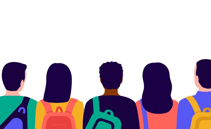 illustration of teens with backpacks from behind