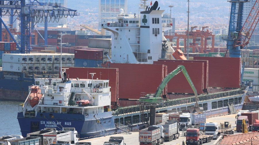 Grain is unloaded from the cargo ship SV. Nikolay docked in Izmir, Turkey, on June 25, 2022.