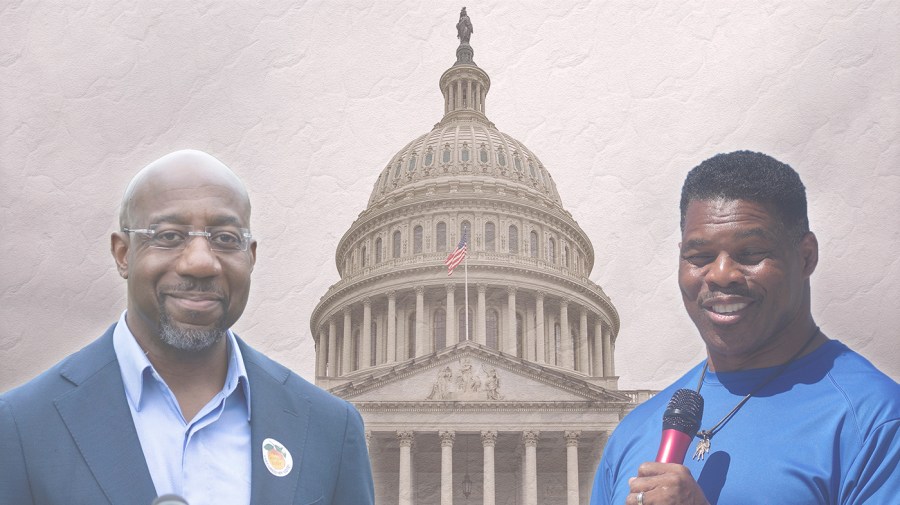 An illustration shows Sen. Raphael Warnock (D-Ga.) and Herschel Walker in front of the Capitol