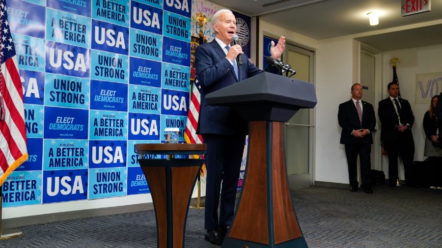 President Joe Biden speaks during a visit to the Democratic National Committee Headquarters, Monday, Oct. 24, 2022, in Washington.