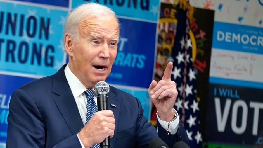 President Biden speaks during a visit to the Democratic National Committee headquarters