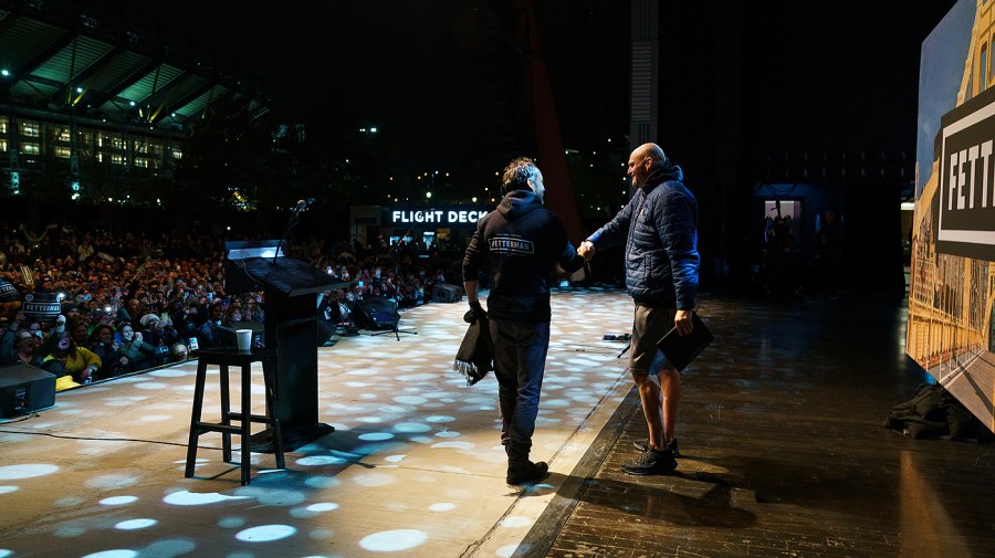 Democratic Pennsylvania Senate candidate John Fetterman greets Dave Mathews