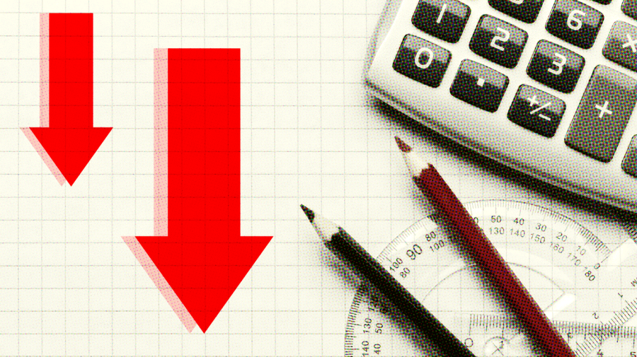 Photo illustration of measure, calculator, colored pencils over graphing paper with red arrows pointing down