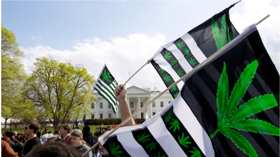 FILE - A demonstrator waves a flag with marijuana leaves depicted on it during a protest calling for the legalization of marijuana, outside of the White House on April 2, 2016, in Washington.