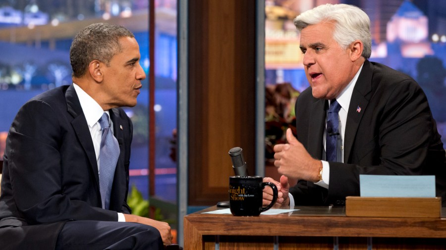 Then-President Obama talks with Jay Leno