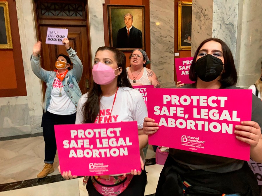 Abortion-rights supporters chant their objections at the Kentucky Capitol on April 13, 2022, in Frankfort, Ky.