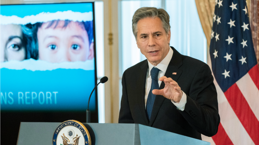 Secretary of State Antony Blinken speaks during the 2022 Trafficking in Persons (TIP) Report launch ceremony at the State Department, Tuesday, July 19, 2022, in Washington.