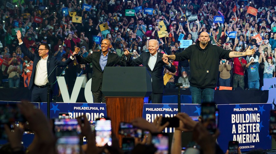 Pennsylvania Democratic candidate for Governor Josh Shapiro, former President Obama, President Biden, and Pennsylvania Democratic candidate for Senate John Fetterman