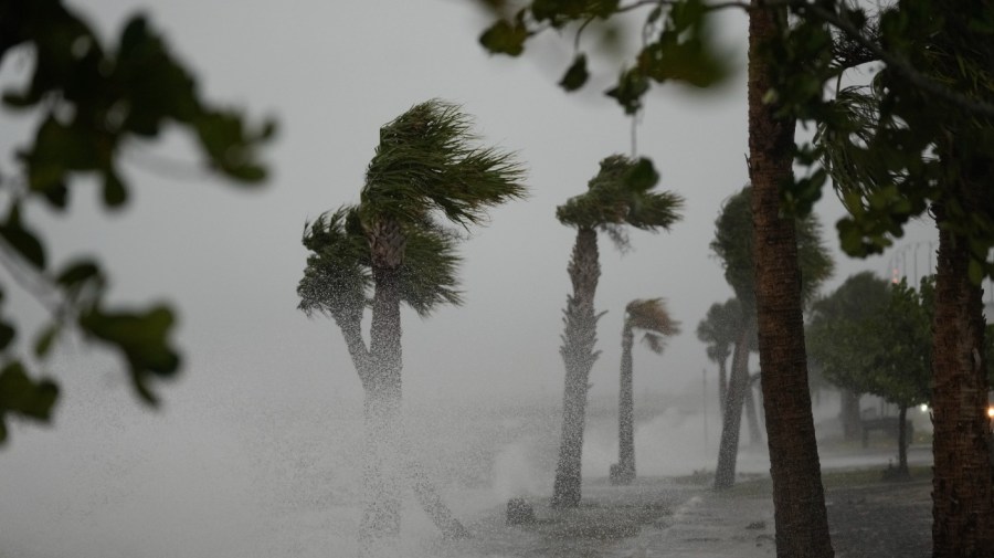 Waves crash on the shoreline along the Jensen Beach Causeway, as conditions deteriorate with the approach of Hurricane Nicole, Wednesday, Nov. 9, 2022, in Jensen Beach, Fla.