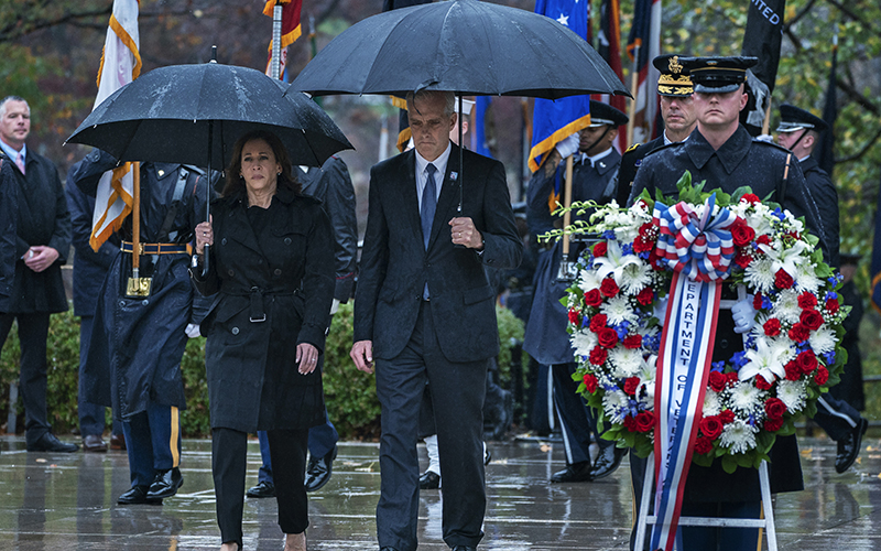 Vice President Harris with Veterans Affairs Secretary Denis McDonough arrive for the National Veterans Day Observance