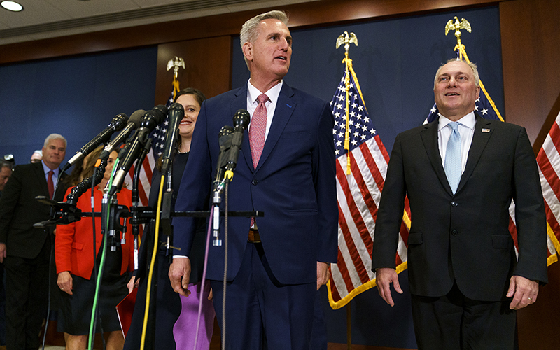 House Minority Leader Kevin McCarthy (R-Calif.) arrives to address reporters