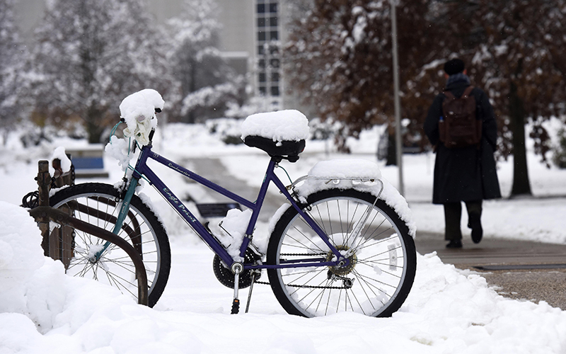 A late fall snowstorm blankets the campus of Andrews University