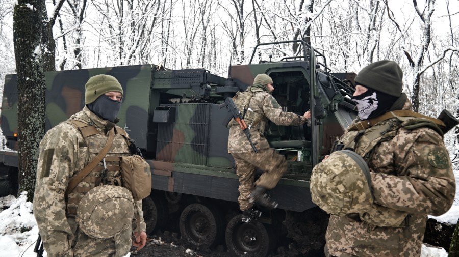 A Ukrainian MLRS, or Multiple Launch Rocket System, takes a position on the frontline