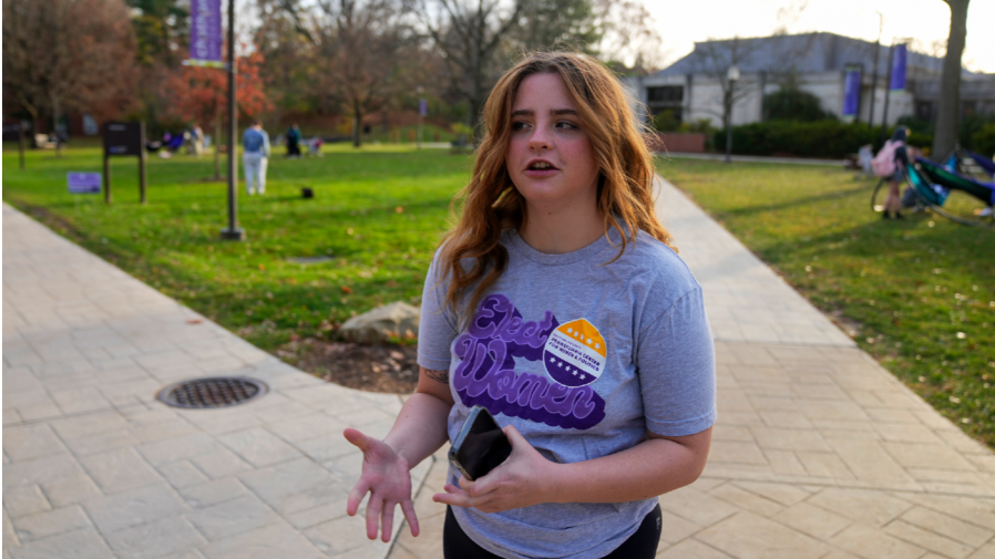 Brianna McCullough, 20, a sophomore at Chatham University in Pittsburgh, walks through campus on Thursday, Nov. 10, 2022.