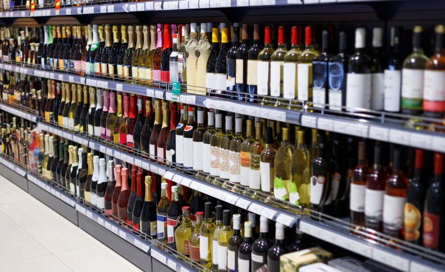 Wine on shelves.