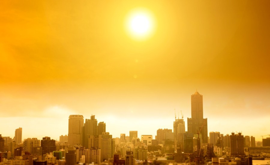 City skyline during heatwave.