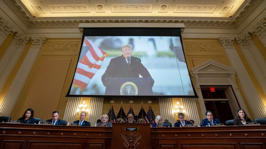 A video of former President Donald Trump is shown on a screen as the House select committee investigating the Jan. 6 attack on the U.S. Capitol holds its final meeting on Capitol Hill in Washington, Monday, Dec. 19, 2022.