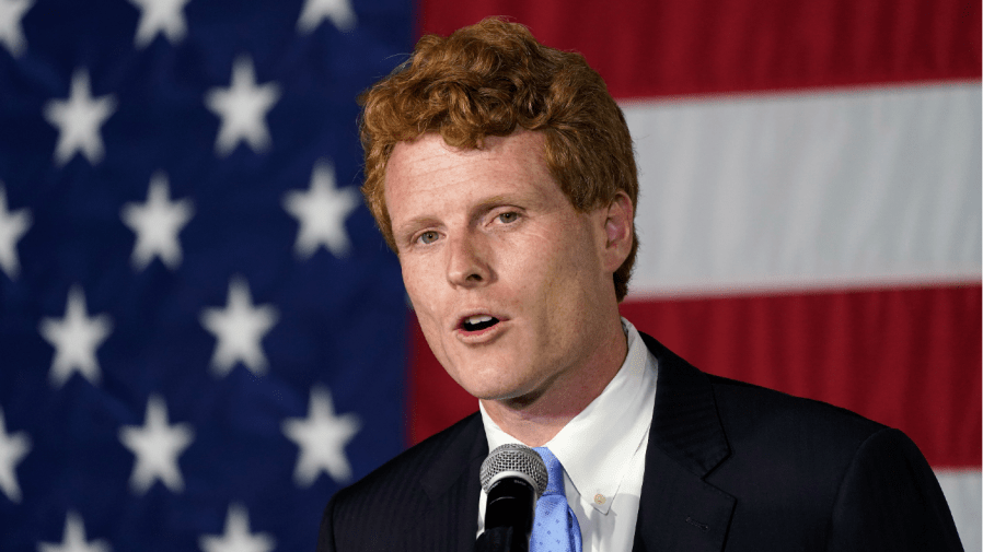 FILE - Rep. Joe Kennedy III speaks outside his campaign headquarters in Watertown, Mass., Sept. 1, 2020.