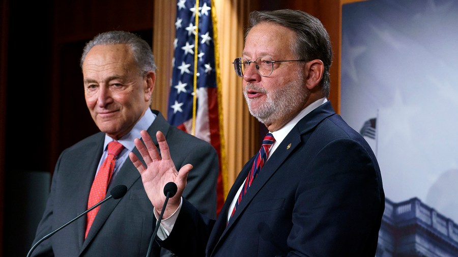 Sen. Gary Peters (D-Mich.) and Majority Leader Charles Schumer (D-N.Y.)