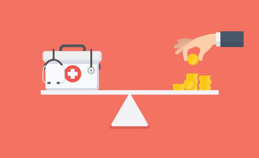 illustration of balance beam with health supply box and stethoscope on one side and pile of coins on the other with a hand adding coins to the pile