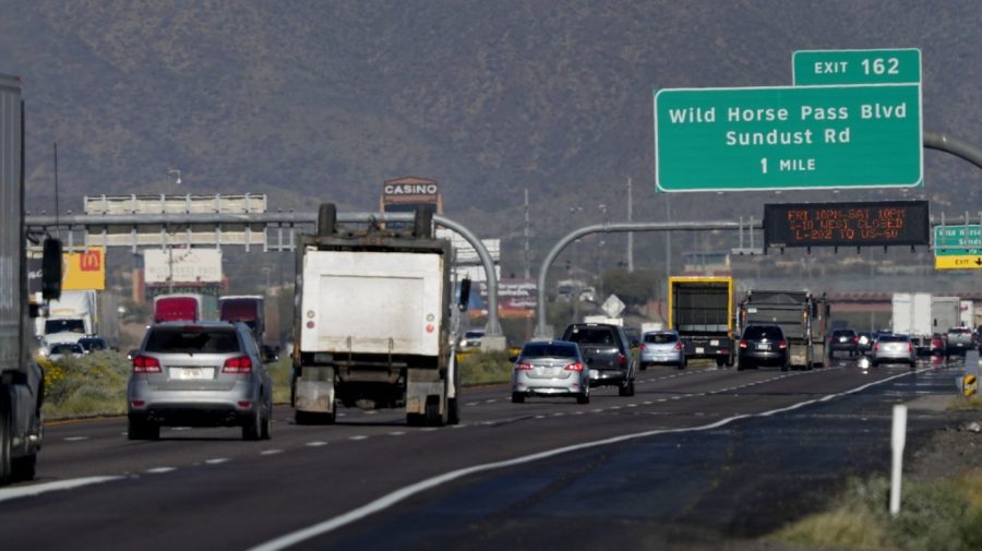 Traffic moves along the notoriously congested stretch of I-10 through tribal land called the Wild Horse Pass Corridor