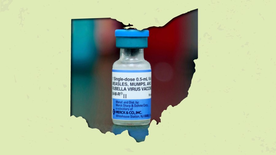 Illustration of pale green area with the shape of the state of Ohio cut out to show a small vial of measles vaccine