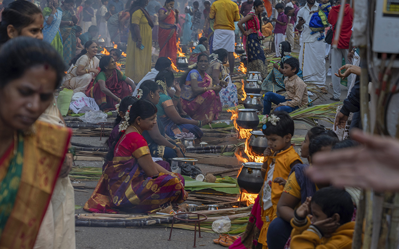 Indian Tamil Hindu women cook special food to celebrate the harvest festival of Pongal