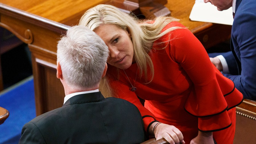 Rep. Marjorie Taylor Greene (R-Ga.) speaks with Rep. Kevin McCarthy (R-Calif.)