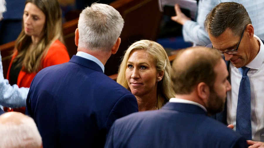 Rep. Marjorie Taylor Greene (R-Ga.) speaks with House Republican Leader Kevin McCarthy (R-Calif.)