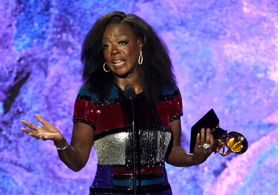 Viola Davis accepts the award for best audio book, narration, and storytelling recording for "Finding Me: A Memoir" at the 65th annual Grammy Awards on Sunday, Feb. 5, 2023, in Los Angeles.