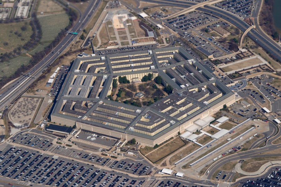 FILE - The Pentagon is seen from Air Force One as it flies over Washington, March 2, 2022.